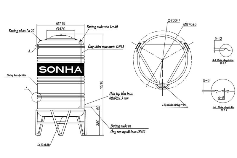 Bản vẽ kích thước bồn inox Sơn Hà 500L đứng