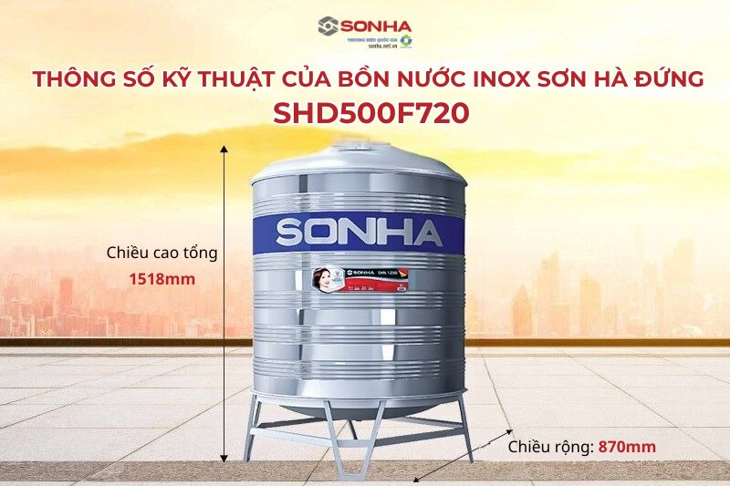 Thông số kích thước bồn nước inox 500L Sơn Hà ngang (Φ720)