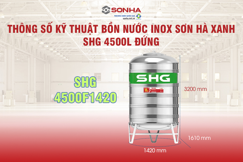 Bồn nước Inox Sơn Hà Xanh SHG 4500L đứng - SHG4500F1420